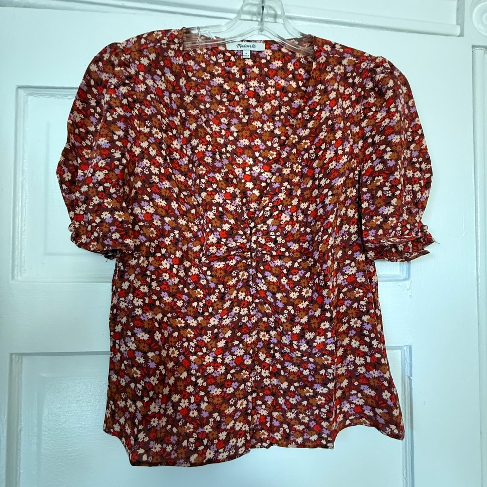 Madewell Rust Floral V-Neck Puff-Sleeve Top